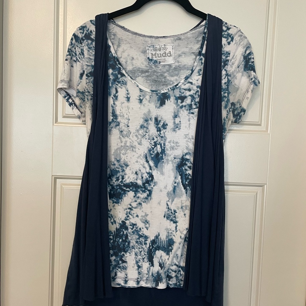 Mudd Blue Tie-Dye Short Sleeve Rayon Top with Coordinating Vest Shrug Size Med
